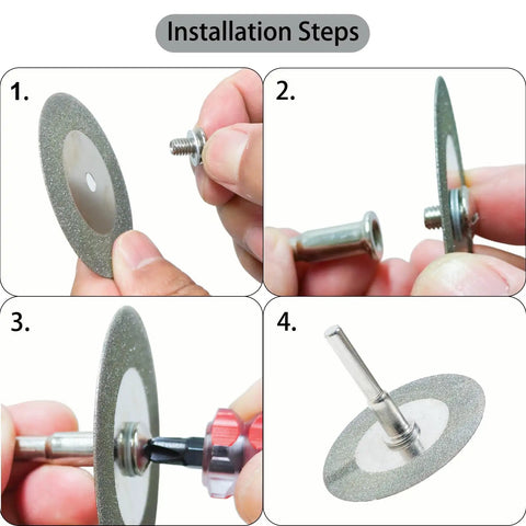 Installation steps for Pro Grade 3 Pack 60Mm Diamond Cutting Discs With Quarter Inch Shank Mandrel And Screwdriver.