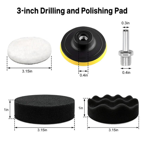 3-inch Drill Buffing Pad Set showing wool pad, foam discs, adapter, and suction base for Make Your Ride Look Slick As Glass With This 11 Piece 3 Inch Drill Buffing Pad Set Professional Grade Car Foam Polishing Kit For Quick Waxing Glazing And Scratch Removal Auto Detailing Essentials.