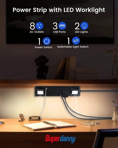 Heavy Duty 11 In 1 Power Strip With 8 Outlets And 3 USB Ports, 2 Worklights, Six And A Half Foot Flat Plug Extension Cord, 1875W 15A, Wall Mount Surge Protector For Workshop Garage Home Office Black mounted under desk with LED worklights on