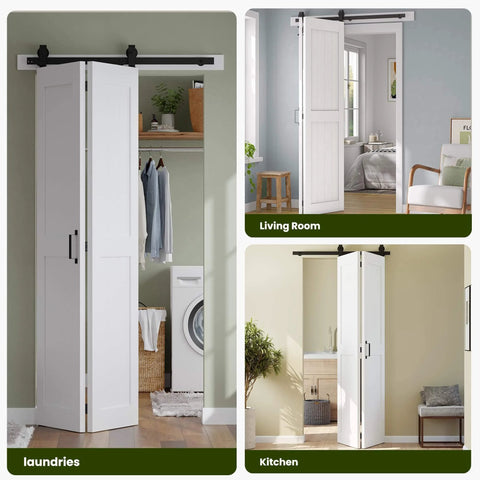 Space Saving Bi Fold Barn Door Kit 64 by 84 Inches White With Hardware Included Sliding Closet Doors installed views