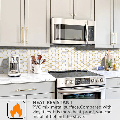 Kitchen with Hexagon Peel And Stick Backsplash Tiles With White Marble Look And Gold Accents For Kitchen And Bathroom