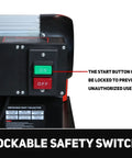 Lockable safety switch on Heavy Duty Shop Dust Collector 1-1/2 Hp Dual Voltage Motor Powers 1100 Cfm Sawdust Hog Action.