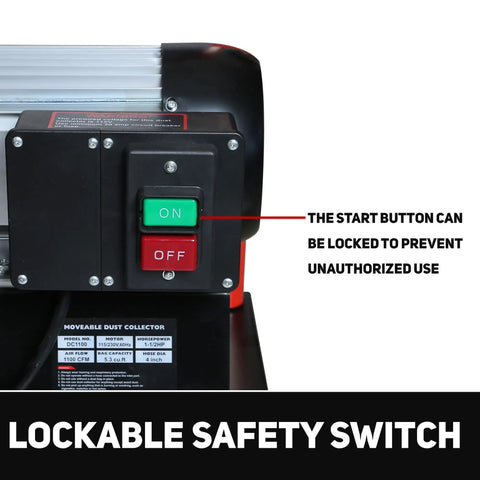 Lockable safety switch on Heavy Duty Shop Dust Collector 1-1/2 Hp Dual Voltage Motor Powers 1100 Cfm Sawdust Hog Action.