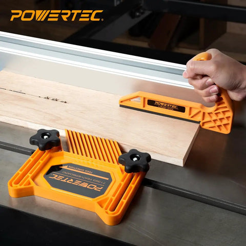 Universal Featherboard Kit With Flex And Miter Lock System Plus Two Deluxe Push Sticks used on table saw for safer woodworking.