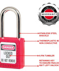 Red Lockout Tagout Safety Padlock With Key For Electrical Work Non Conductive Thermoplastic Body Durable Metal Shackle OSHA Compliant Lockout Tool For Electrical Safety And Safe Repairs 410RED with label warnings and lifetime warranty badge
