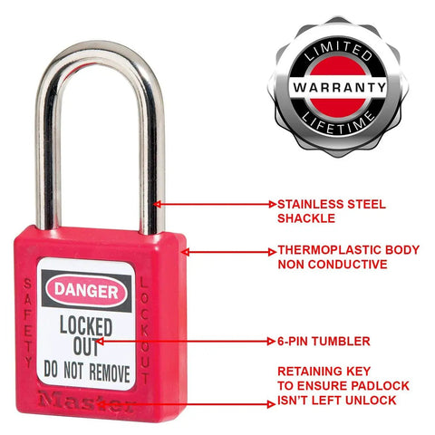 Red Lockout Tagout Safety Padlock With Key For Electrical Work Non Conductive Thermoplastic Body Durable Metal Shackle OSHA Compliant Lockout Tool For Electrical Safety And Safe Repairs 410RED with label warnings and lifetime warranty badge