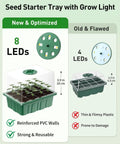 Comparison of seed starter trays with 3.9 inch humidity domes, highlighting differences in LED light configurations and materials.