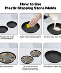 Round Stepping Stone Molds Set Of Six In Two Sizes Ten Inch And Eleven Point Two Inch Inner Diameters Reusable Concrete Molds For Garden Walkway Create Custom Stepping Stones Or Stained Glass Projects Black, shown in use for creating stone path with step-by-step process.