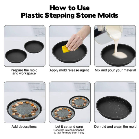 Round Stepping Stone Molds Set Of Six In Two Sizes Ten Inch And Eleven Point Two Inch Inner Diameters Reusable Concrete Molds For Garden Walkway Create Custom Stepping Stones Or Stained Glass Projects Black, shown in use for creating stone path with step-by-step process.