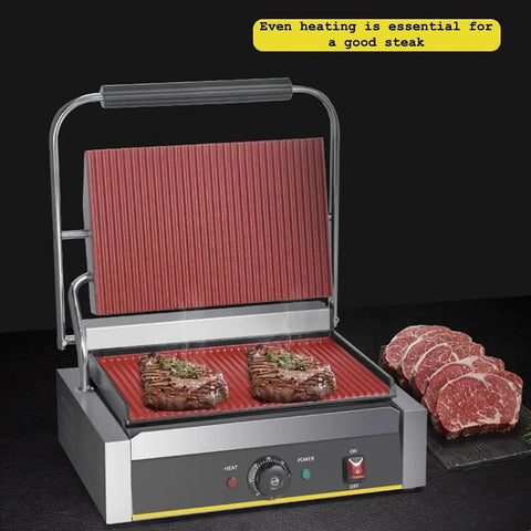 Heavy Duty 2200W Commercial Sandwich Maker And Electric Grilled Toaster with grilled steaks for perfect cooking at home.