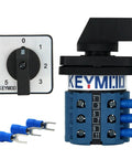 Beefy 20A Rotary Changeover Switch 660V 3 Pole 6 Position 12 Terminal with blue fork terminals, front view