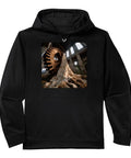 Edgy Classic Fit Industrial Abandoned Factory Gear Machine Performance Hoodie With Moisture Releasing Tech And Anti Static Fleece In Cool Black displayed on a backdrop of an industrial gear.