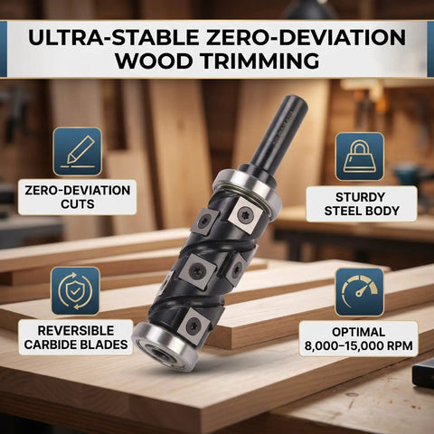 Aolidsive Flush Trimming Router Bit With Reversible Carbide Insert And Precision Bearing For Zero Deviation Cuts On Mdf, Hdf & Plywood Panels Featuring 1/2 Inch Shank displayed on wooden panels.