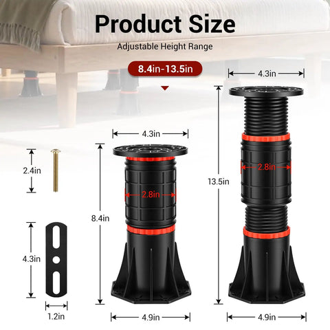 Four Piece Adjustable Bed Support Legs With Reinforced Steel Brackets, Holds Up To 4400 Pounds Per Leg, Ranges From Eight To Thirteen Point Five Inches, with size dimensions displayed.