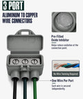 Hella Tough Aluminum To Copper Wire Connectors 3 Port Gray 15 Pack Screw Terminal Wire Nuts display with connectors and oxide inhibitor.
