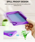 Hand holding purple tray from 30 Piece Stackable Tray Set For Diamond Art Kits With Interlocking Trays And Tools For Adults Purple Color, Space Saving Storage, Spill Prevention, Easy Organization Of Diamond Painting Supplies, showing spill proof design.