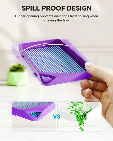 Hand holding purple tray from 30 Piece Stackable Tray Set For Diamond Art Kits With Interlocking Trays And Tools For Adults Purple Color, Space Saving Storage, Spill Prevention, Easy Organization Of Diamond Painting Supplies, showing spill proof design.