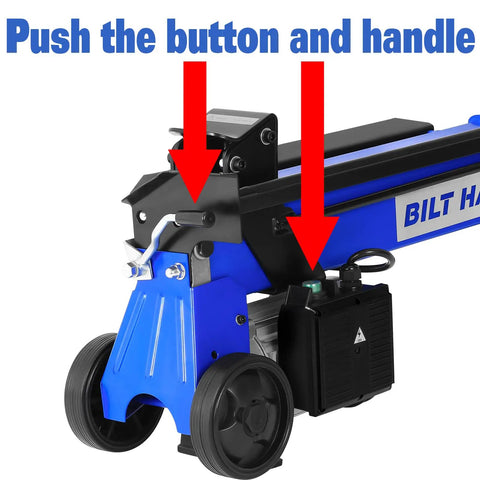 6.5 Ton Electric Log Splitter With Hydraulic Ram, showing button and handle instructions, on wheels.