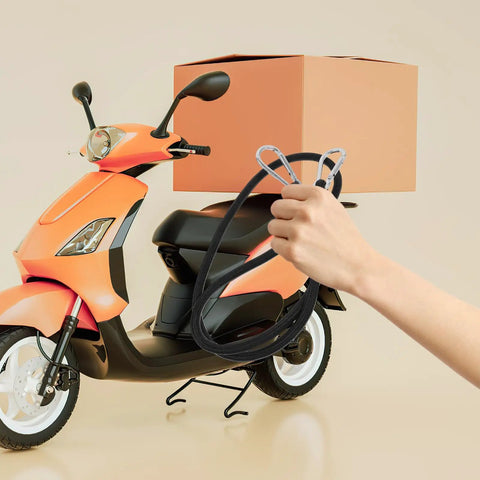 One Meter Motorcycle Luggage Strap Bungee Cord With Carabiner Hooks and elastic band near scooter.