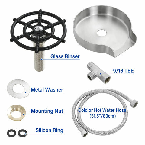 Glass Rinser And Bottle Washer For Kitchen Sink With Ten Orifice Water Outlet No Fuss Cup Cleaner parts, including nozzle and hose.