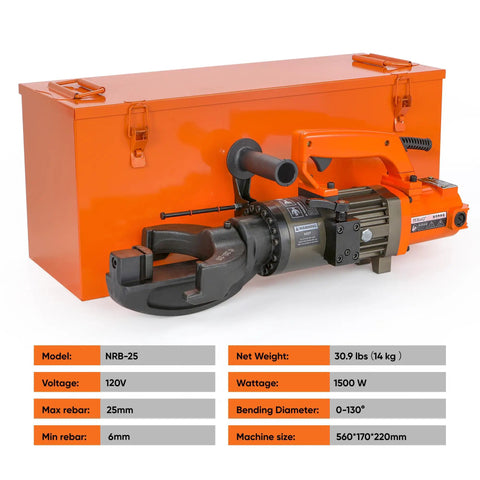 Powerful 1500W Electric Hydraulic Rebar Bender For Smooth Bending Up To 1 Inch #8 Steel Rods with orange toolbox.