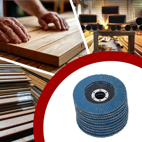 100 Pack 4-1/2 Inch 7/8 Inch Flap Discs 40 60 80 120 Grit Zirconia Type 29 Grinding Discs shown with woodworking and metalwork