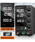 Adjustable DC Power Supply With USB And LCD Display, Regulated Variable Voltage 0 To 30V, 0 To 10A, front view with controls