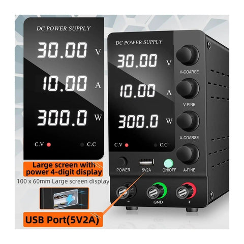Adjustable DC Power Supply With USB And LCD Display, Regulated Variable Voltage 0 To 30V, 0 To 10A, front view with controls