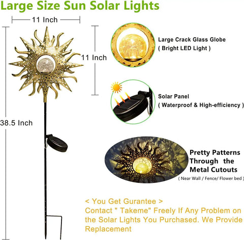 Outdoor Solar Garden Stake Lights Weatherproof Metal Pathway Lighting For Patio Yard Walkway Lawn, large sun design, dimensions labeled