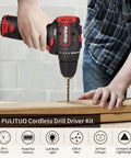 Person using Lightweight Brushless 12V Cordless Drill Kit With 310 Inlb Torque, Twenty Plus One Clutch, on wood