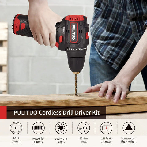 Person using Lightweight Brushless 12V Cordless Drill Kit With 310 Inlb Torque, Twenty Plus One Clutch, on wood