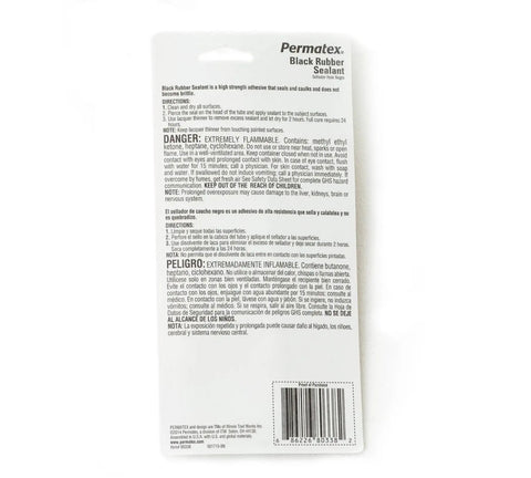 Back view of packaging for Black Rubber Sealant Tube 1.5 Oz High-Strength Ready-To-Use Adhesive For Weather Stripping Sealing Doors