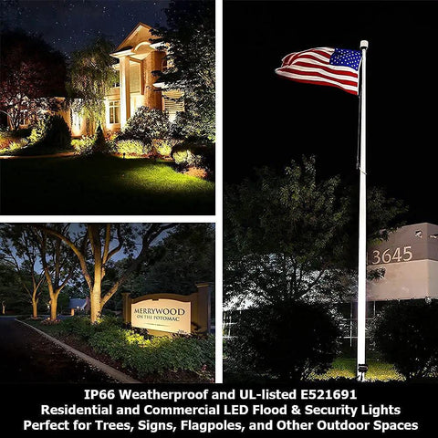 Outdoor LED Flood Light 16W 1500 Lumen Walkway Security Light 3000K Warm White Waterproof illuminating an American flag at night
