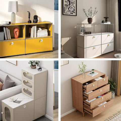 Four stylish furniture pieces featuring 12 Pack 30mm Gold Crystal Cabinet Knobs Featuring Slick Diamond Cut Glass Faces And Durable Aluminum Alloy Backplates.