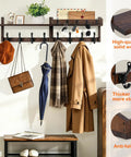 Rock Solid Wall Mounted Coat Rack With Storage Shelf Featuring 13 Heavy Duty Hooks For Seamless Entryway Organization And Quick Home Access With Zero Assembly Hassle, showing brown wood shelf with hats, bags, and hooks.