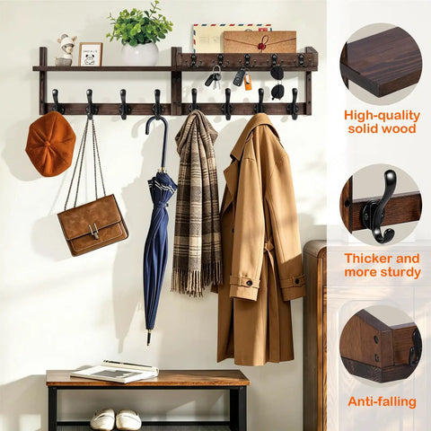 Rock Solid Wall Mounted Coat Rack With Storage Shelf Featuring 13 Heavy Duty Hooks For Seamless Entryway Organization And Quick Home Access With Zero Assembly Hassle, showing brown wood shelf with hats, bags, and hooks.