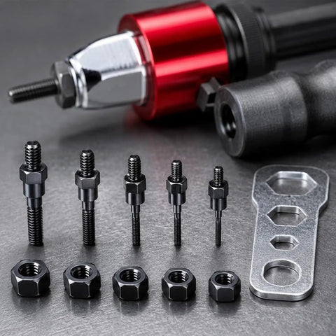 M3 To M8 Electric Rivet Gun Adapter Kit for Cordless Drill with nuts and bolts on display