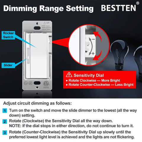 3 Pack Quiet Slide Dimmer Light Switches, Ultra Slim Rocker, No Fuss Install, Single Pole Or Three Way Dimmable, 300W LED And CFL, 600W Incandescent, ETL Listed, White dimmer switch with slide and sensitivity dial