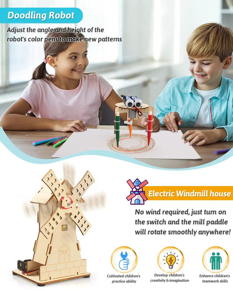 Six In One STEM Kit For Kids Ages 8 To 13, doodling robot with pens drawing patterns, children engaging in creative play