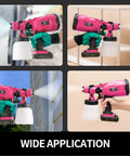 Pink Cordless HVLP Paint Sprayer Kit, 2 Pack 20V Portable Electric Sprayers With Safety Glasses in use on various surfaces.