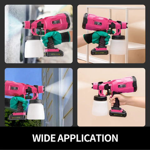 Pink Cordless HVLP Paint Sprayer Kit, 2 Pack 20V Portable Electric Sprayers With Safety Glasses in use on various surfaces.