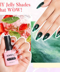 Transparent Icy Jelly Gel Nail Polish Kit with Soak Off UV LED, showcasing colorful gel nails and a polish bottle.