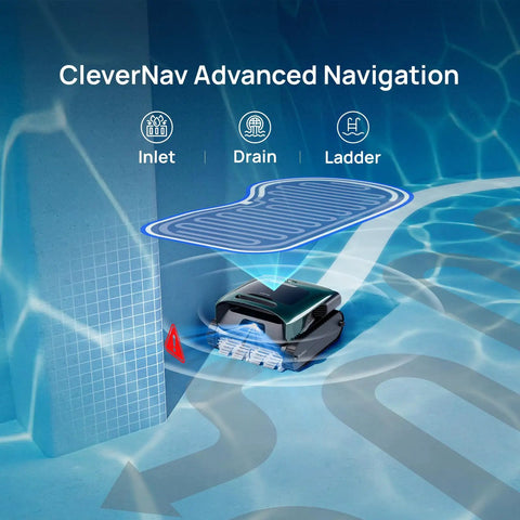 AquaSense 2 Pro Cordless Robotic Pool Cleaner with 5 in 1 Cleaning Power operating underwater by pool wall, showing CleverNav navigation.