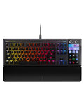 Black Galleon 100 RGB Mechanical Wired Gaming Keyboard With Insane Tactile Feedback And Built In Elgato Stream Deck Integration For A Truly Goated Player One Experience, top view with RGB lighting and media controls.