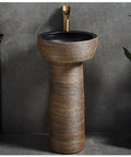 Built Tough Ceramic Bathroom Vessel Sink And Pedestal Combo With Faucet Drain Kit For Indoor Outdoor Space showing artisan handmade texture.