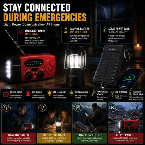 Be Ready For Anything With This All In One Ultimate Bug Out Bag Emergency Kit featuring radio, lantern, solar power bank on table