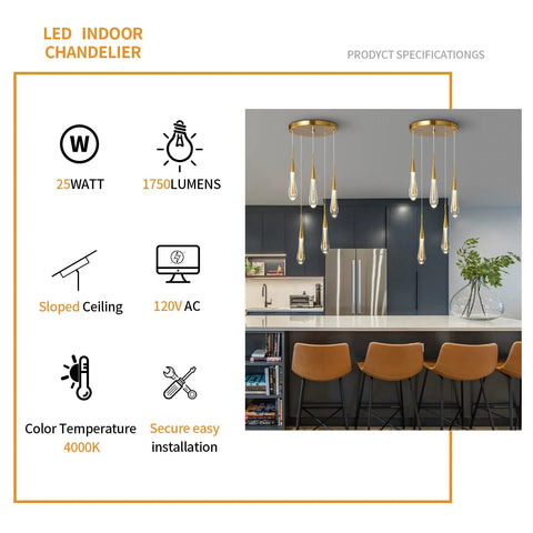 Lit Gold Teardrop Crystal Pendant Lights With Dimmable LED Ceiling Fixture, Modern Brushed Brass Finish in kitchen setting