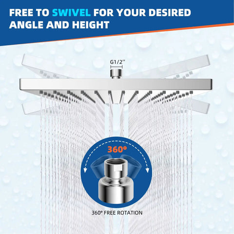 12 Inch High Pressure Square Rain Shower Head With Six Tenths Of An Inch Thick Metal Construction And Adjustable Brass Ball Joint In Chrome Finish Displayed With 360 Degree Swivel Feature