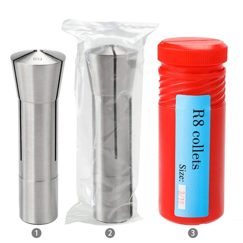 13 Piece R8 Collet Set For Milling Machines 1/8 To 7/8 Inch Pro Grade Mill Chuck Holder For Bridgeport Spindle 65Mn Material.0006 Tolerance And 55 60 HRC Clamp Hardness, displaying collet and packaging