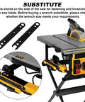 Heavy Duty Table Saw Wrench Built With Kickass Durability For Swift Blade Changes And Snug Hardware Securing, side mounted on a table saw.